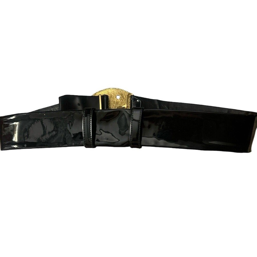 Vintage Saks Fifth Avenue Wide Patent Leather Belt Gold Medallion Baroque 80s - Picture 8 of 8